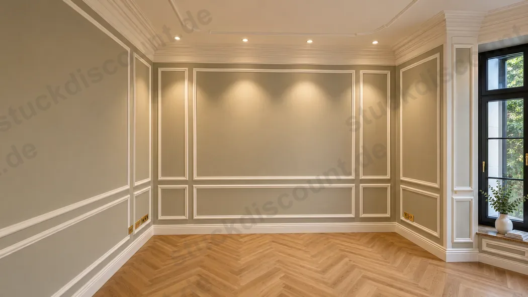 Wohnzimmer mit großen Wandfeldern aus Stuckprofilen und umlaufendem Gesims